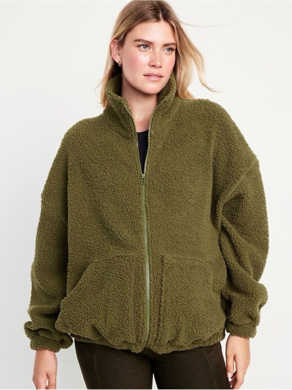 Old Navy Olive Green Teddy Sherpa Zip Jacket